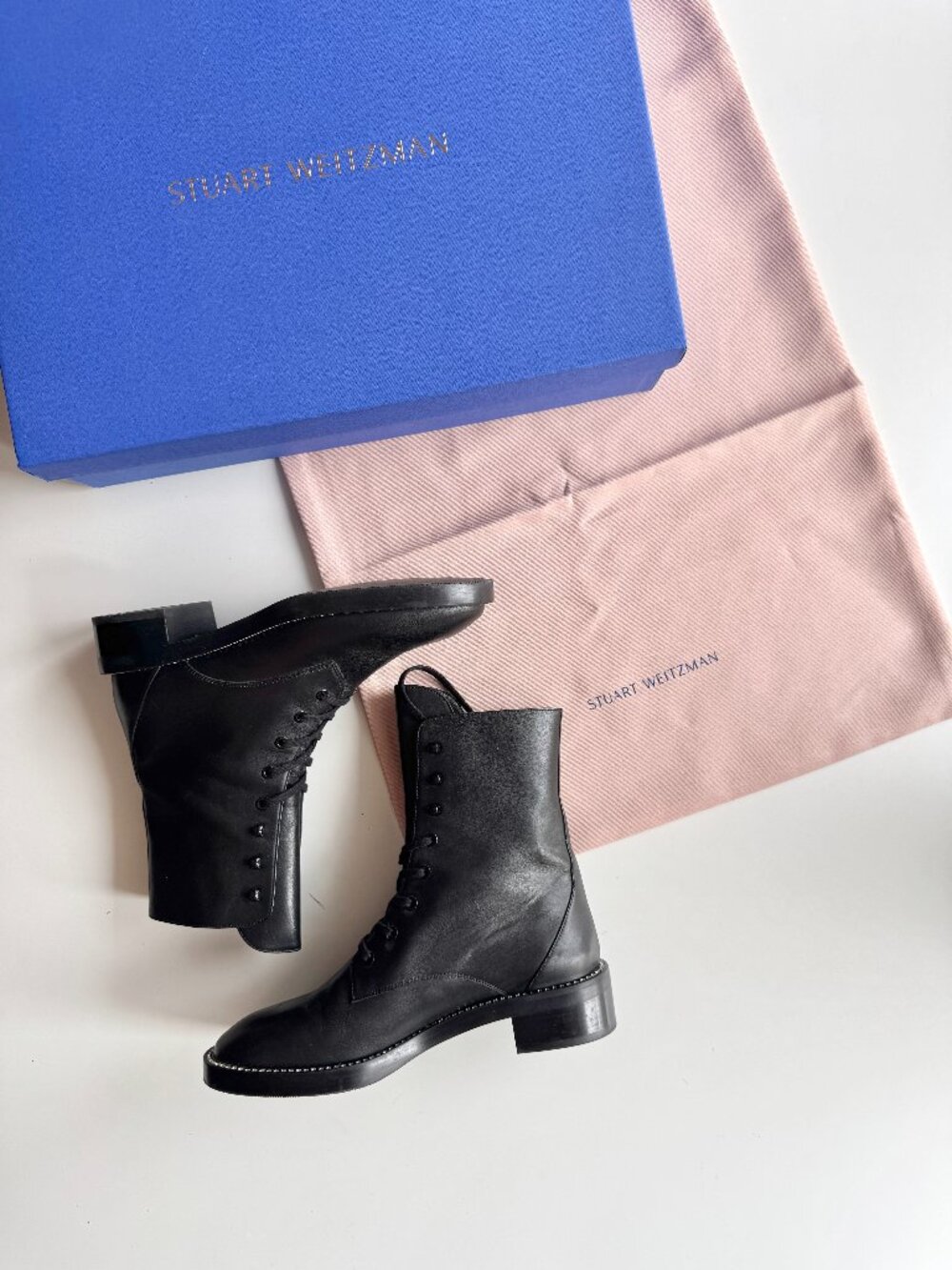 NIB STUART WEITZMAN Monty Black Leather Crystal Trim Combat Boots, Size 8.5